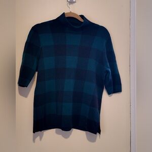 Ann Taylor Teal Green Navy Blue Plaid Mock Neck Sweater Women’s L Holiday Work